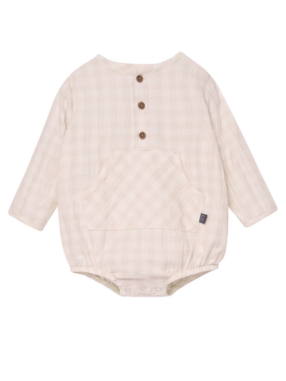 Neutral Plaid Baby Henley Romper with Front Pocket
